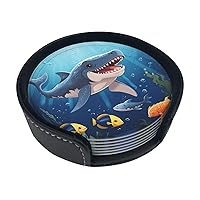 Ocean Animals Print Leather Coasters Set of 6 Waterproof Heat-Resistant Drink Coasters Round Cup Mat with Holder for Living Room Kitchen Bar Coffee Decor