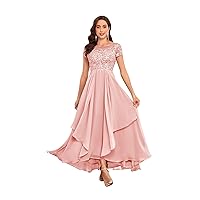 Tea Length Mother of The Bride Dresses for Wedding with Ruffle Lace Short Sleeve Chiffon Formal Evening Gown