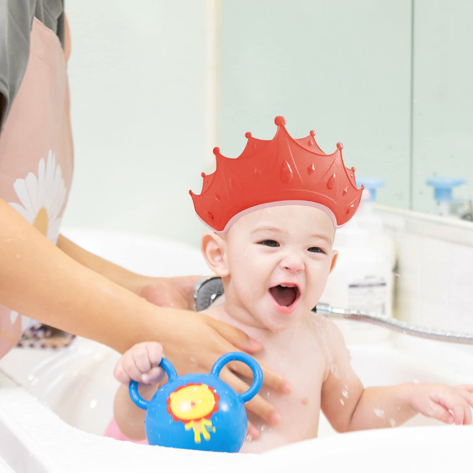 2 PCS Baby Shower Cap Silicone for Children， Soft Adjustable Bathing Crown Hat Safe for Washing Hair， Protect Eyes and Ears from Shampoo for Baby ，Toddlers and Kids from 6 Months to 12-Year Old (red)