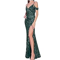 Formal Dresses for Women Sexy V Neck Bodycon Sequin Gown Evening Dress Spaghetti Strap Wrap Backless Slit Maxi Dress