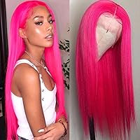 Hot Pink Lace Front Wigs Wear and Go Glueless Wig Pre Plucked Long Straight Hair Wig Magenta Pink Wigs Ready to Wear Wigs Heat Resistant Synthetic Lace Front Wigs for Women
