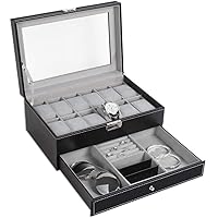 Watch Box 2 Layers Jewellery Watch Storage Box With Glass Lid And Bracelet Bangle Tray 12 Grids Leather Watch Storage Display Case Watch Organizer Collection ( Color : Gray Size : 30.5X20X14cm )