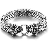 Viking Stainless Steel Double Wolf Head Fenrir Bracelet for Men,Nordic Odin Celtic Wolf Religious Talisman,Middle Ages Handmade Braided Cuff Bangle (Size : 21.0 Centimetres)