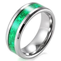 Men's 8mm Beveled Tungsten Ring with Green Opal Pattern Inlay