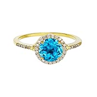 Sterling Silver Yellow 7mm Round Swiss Blue Topaz & Created White Sapphire Halo Ring
