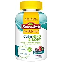 Wellblends Calm Mind & Body, Magnesium Citrate, Ashwagandha 125mg & GABA 100mg Blend for Stress Relief, 38 Gummy Vitamins (Packaging May Vary)