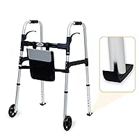 Easy Folding Rolling Walker with Shopping Bag Basket and Glide Skis - Upright Mobility Aid for Senior or Adults, Foldable and Adjustable Height Supports up to 350 lbs, Standard Walker, Silver