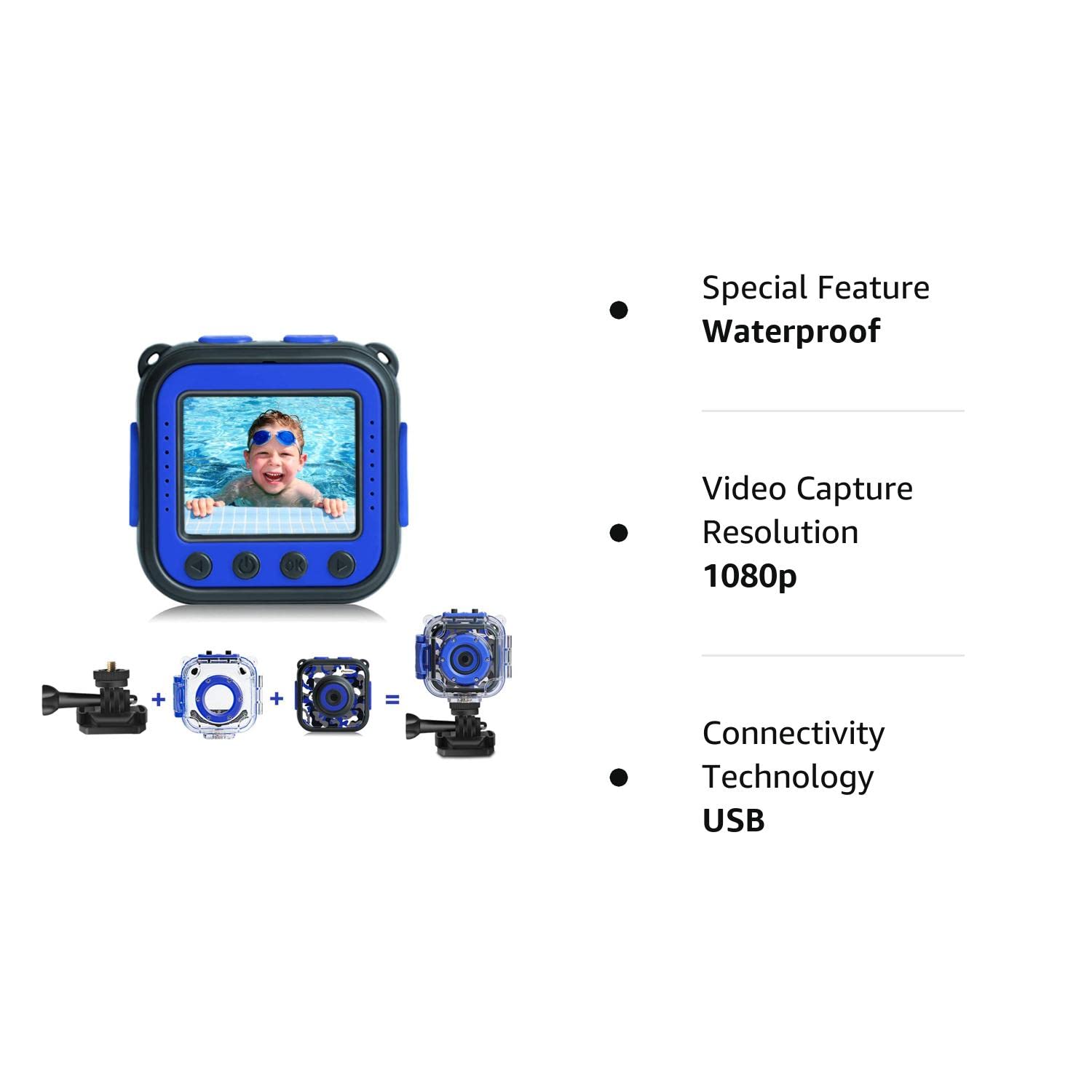 PROGRACE [Upgraded] Kids Waterproof Camera Action Video Digital Camera 1080 HD Camcorder for Boys Toys Gifts Build-in Game(Blue)