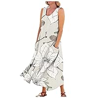 Spring Dresses Maxi Sleeless Crew Neck Beautiful Slacking Flowy Patterned Loose Fitting Cotton Linen Party Dress for Women