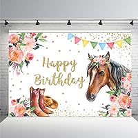 MEHOFOND 8x6ft Pink Flower West Cowgirl Horse Photography Backdrop Countryside Girl Princess Happy Birthday Banner Background Baby Shower Party Supplies Cake Table Decor Photo Booth Props