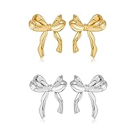 Bow Earrings for Women Girls Knot Ribbon Earrings Gold Silver Pearl Long Bow Dangle Earrings Bow Christmas Birthday Party Jewelry Gifts