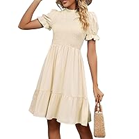 Leezeshaw Solid Summer Casual Mini Smocked Dresses for Women Puff Sleeve Mock Neck Tiered Flowy Dresses