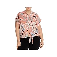 Womens Pink Pocketed Rolled Cuffs Curved Tie Hem Printed Short Sleeve Button Up Top Plus 2X