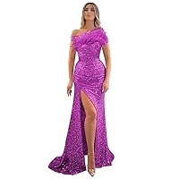 Sparkly Sequin Prom Dresses for Women Feather One Shoulder Mermaid High Split Formal Dress Long Evening Gowns