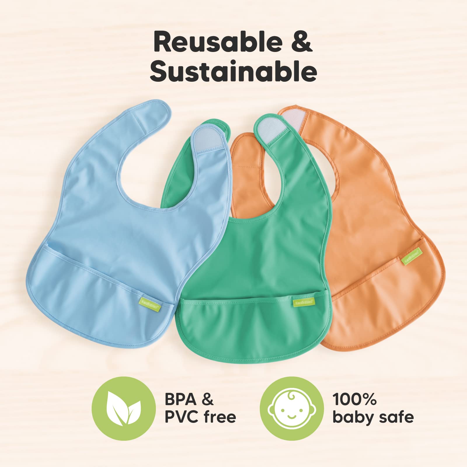3-Pack Waterproof Baby Bibs for Eating - Lightweight Baby Bib with Food Catcher, Mess Proof Toddler Bibs, Waterproof Bibs for Baby Boys, Baby Girls, Feeding Bibs, Drool Bibs, Baby Food Bibs (Basics)