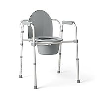 3-in-1 Steel Bedside Commode, Standard Seat, Sturdy Folding Frame, 7.5 QT. Bucket, 350 lb. Weight Capacity, Clip-on Seat, Easy Cleaning, Tool-Free Assembly, Gray