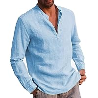Linen Shirts for Men,Plus Size Long Sleeve Baggy Solid Shirt Summer Lightweight Casual Fashion T-Shirt Blouse Top Trendy 2024 Outdoor Tees Light Blue XL