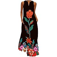 Summer Dresses for Women Vacation Sleeveless Maxi Dress Swing Tank Sundress Floral Printed Beach Dress with Pockets
