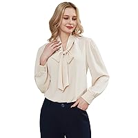 Women's Bow Tied Neck Chiffon Blouses Casual Loose Long Sleeve Office Work Solid Tops Shirts