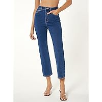 Jeans for Women Pants for Women Women's Jeans High Waist Slant Pocket Straight Leg Jeans (Color : Dark Wash, Size : W32 L32)