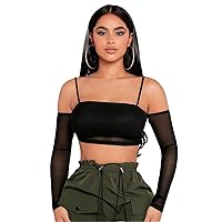 Womens Summer Tops Sexy Casual T Shirts for Women Cold Shoulder Mesh Crop Top