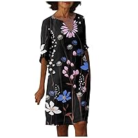 Women's Summer Retro Solid Color Cotton Linen V-Neck Half Sleeve Dress Light Breathable Dress