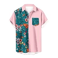 Hawaiian Shirts for Men Loose Casual Turndown Collar Summer Short Sleeve Button Floral Printed Patchwork Beach Shirt
