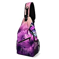 Chest Bag Sling Bag for Men Women Flowers And Purple Butterfly Sport Sling Backpack Lightweight Shoulder Bag for Travel