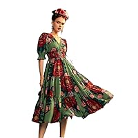 Fall Dresses for Women 2023 Floral Print Puff Sleeve Layered Hem Dress Dresses for Women (Color : Dark Green, Size : Large)
