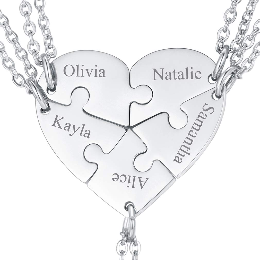 FaithHeart BFF Puzzle Stitching Necklace 2/3/4/5/6/7/8 Pcs Stainless Steel Personalized Name Heart Pendants Family Love Jewelry Free Engrave Friendship Forever Necklaces Set with Delicate Packaging