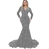 Maxi V Neck Velvet Sequins Prom Dresses with Long Sleeves 2024 Glitter Mermaid Evening Party Gown