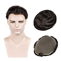 Toupee for Men Human Hair Full Soft French Lace Hair Pieces for Men Mens Replacement System mens hair system 8X10 inch Lace Base (6 * 8inch, 1B)