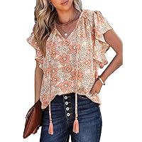 SHEWIN Womens Summer Tops Floral Short Sleeve V Neck Blouses for Women Dressy Casual Loose Shirts