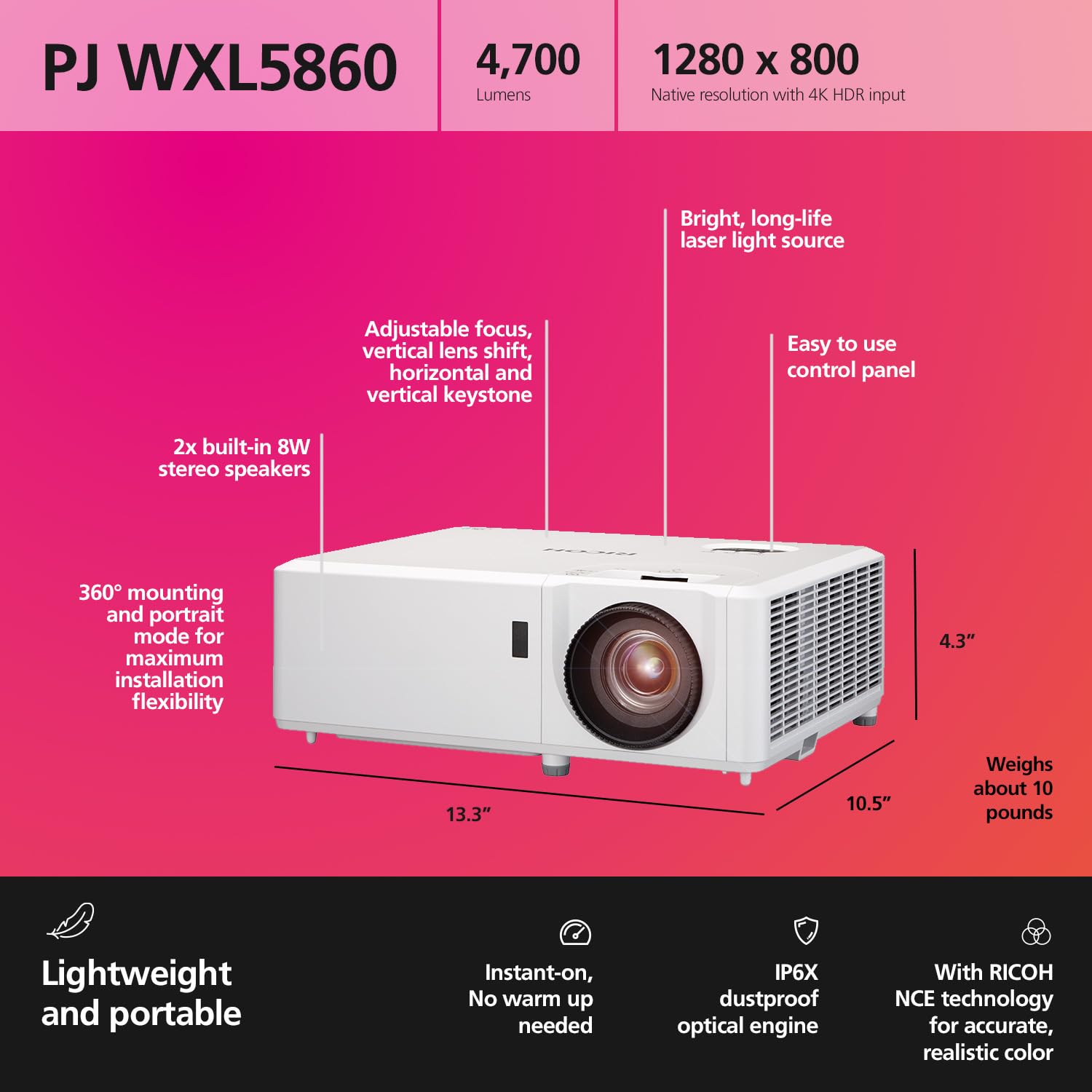 RICOH PJ WXL5860 Compact DLP Laser Projector | Bright 4,700 Lumens | Standard Throw | 30-300