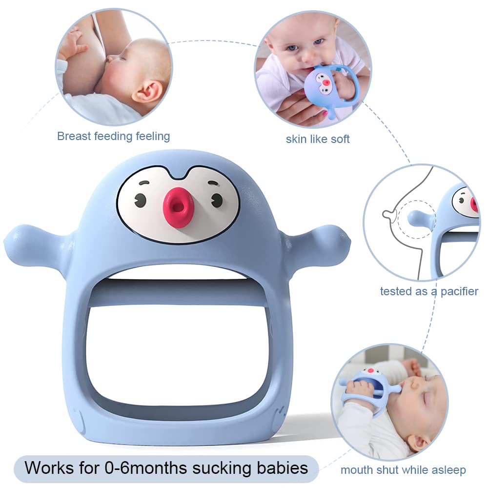 Smily Mia Penguin Buddy Never Drop Silicone Teething Toys for Babies 0-6month,Infant Hand Teether Pacifiers for 0-6Months Breastfeeding Babies, Easter Baby Basket Stuffers for 3-6Months,Light Blue…