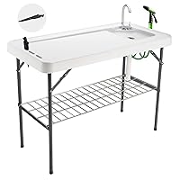 Folding Fish Cleaning Table Portable Camping Sink with Faucet Drainage Hose & Sprayer Outdoor Fillet Station Grid Rack Knife Groove for Picnic Fishing, Black