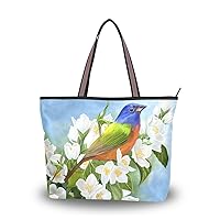 ColourLife Bird on Flower Branch Shoulder Bag Top Handle Polyester Cloth Tote Handbags for Women
