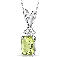 PEORA 14K White Gold Natural Peridot with Diamond Pendant, 1.03 Carats total, Radiant Cut, 7x5mm, Genuine Gemstone Birthstone Solitaire