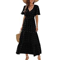 Womens Dresses 2024 Summer Maxi Long Dresses Short Sleeve V Neck Belt Flowy Dresses Smocked Dresses for Women(Dots Black-L)