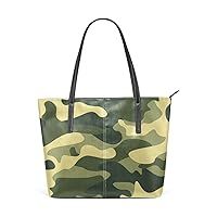 Beige Green Camouflage Shoulder Bag Top Handle Leather Tote Handbag for Women
