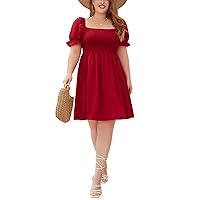 Women's Plus Size Casual Square Neck Smocked Short Dress Boho Short Sleeve High Waist A-Line Backless Mini Sundress