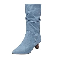 Womens Mid Calf Block Heel Western Boots 2023 Autumn And Winter New Europe And The United States Solid Color Pointed