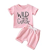 fhutpw Toddler Baby Girl Outfits Short Sleeve Letters T-Shirt Tops & Shorts Sets Summer Clothes 3 6 12 18 Months (Wild Like My Curls Pink, 18-24 Months)