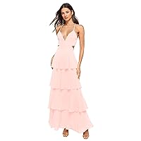 Chiffon Prom Dresses Ruffle Tiered Corset Halter V-Neck Backless Long Formal Evening Dresses PA102