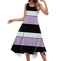 Petite Maxi Dresses for Women Petite Length Casual Round Neck Sleeveless Print Irregular Hem Midi Dress