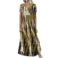 Summer Womens Tie Dye Maxi Dress Round Neck Casual Loose Fit Plus Size Sundress Short Sleeve Beach Long Dress