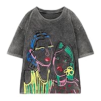 Women's Tops Graffiti Graphic Print Summer Causal Cotton Round Neck Short Sleeve Blouses Tshirt