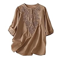 Womens Cotton Linen Embroidered Blouse Short Sleeve Crew Neck Peasant Boho Top Casual Vintage Loose Button-Down T Shirts