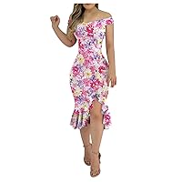 Semi Formal Dresses for Women, Slim One Shoulder Neck Sexy Cocktail Dress Floral Printed Summer Ruffled Long Dresses