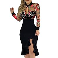 Casual Maxi Mid Length Dress Women Hem Long Lace Sleeve Pattern Ruffles Dress Floral Slit Slimming Casual